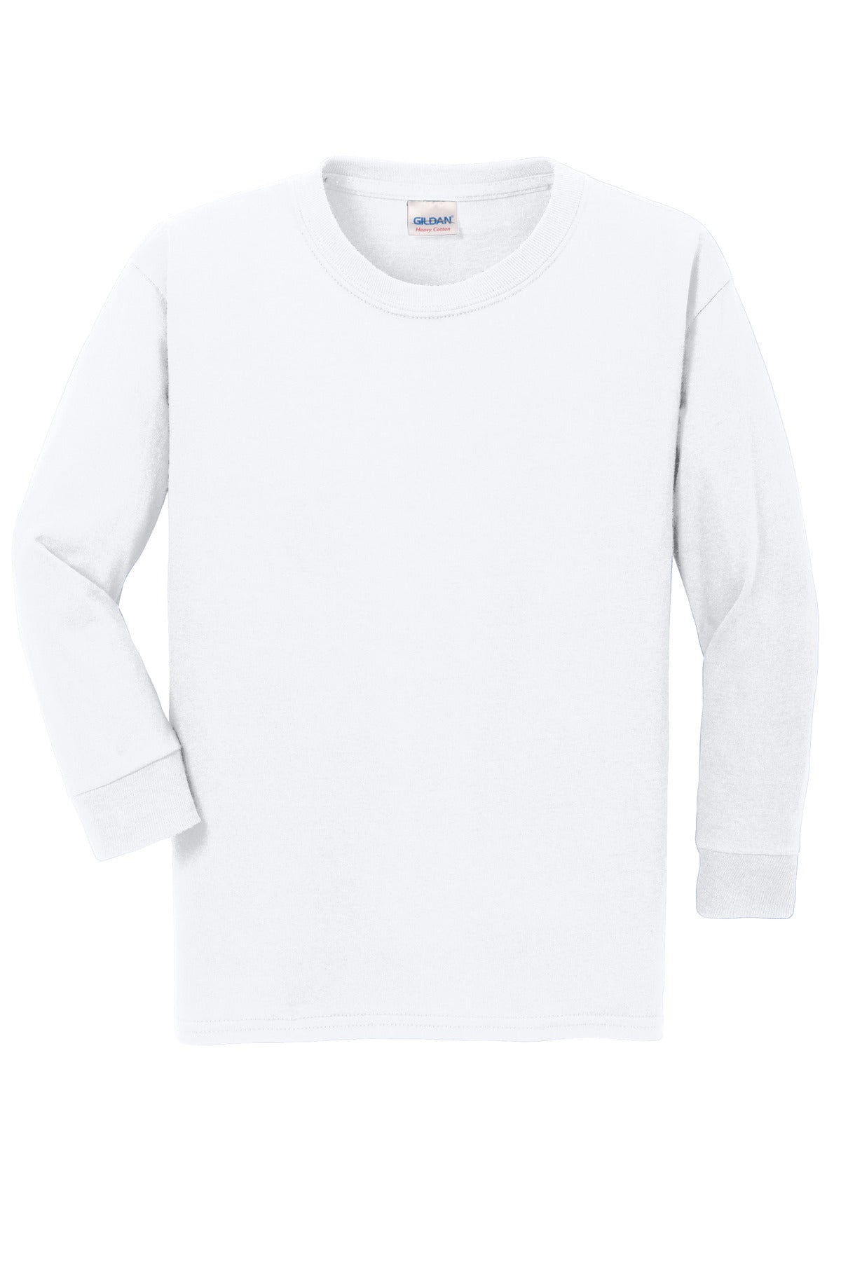 Front View of White Gildan Youth Heavy Cotton 100% Cotton Long Sleeve T-Shirt. 5400B