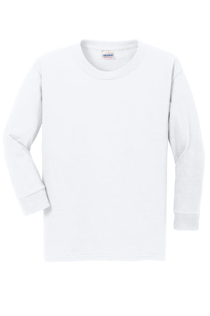 Front View of White Gildan Youth Heavy Cotton 100% Cotton Long Sleeve T-Shirt. 5400B