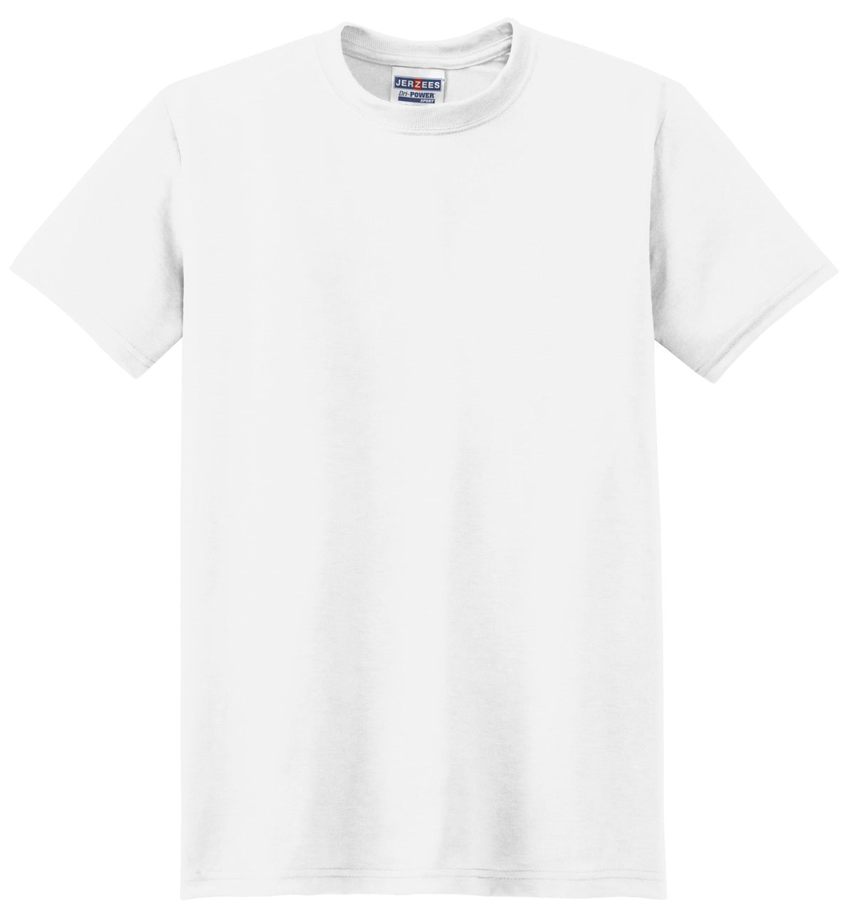 Front View of White Jerzees Dri-Power 100% Polyester T-Shirt. 21M