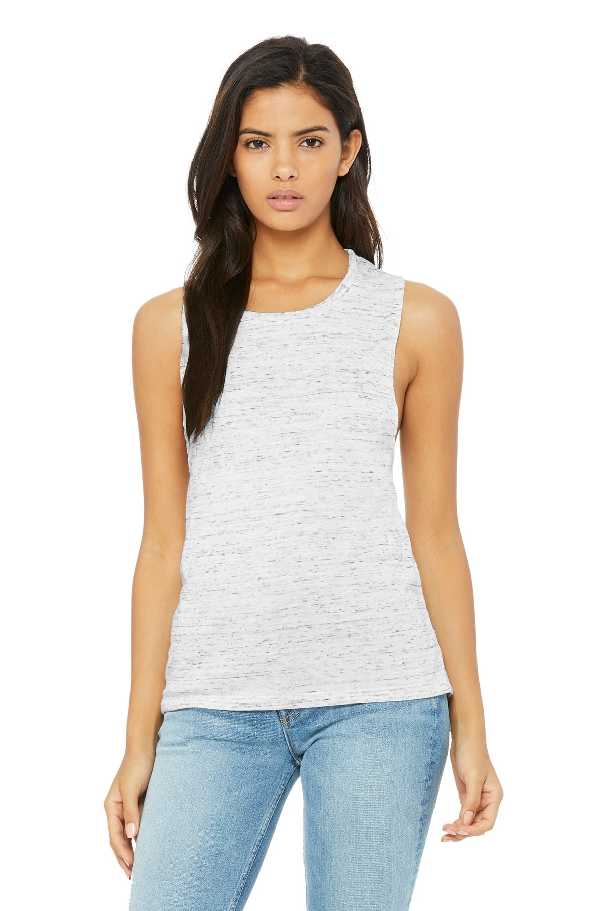 Front View of White Marble BELLA+CANVAS Women's Flowy Scoop Muscle Tank. BC8803