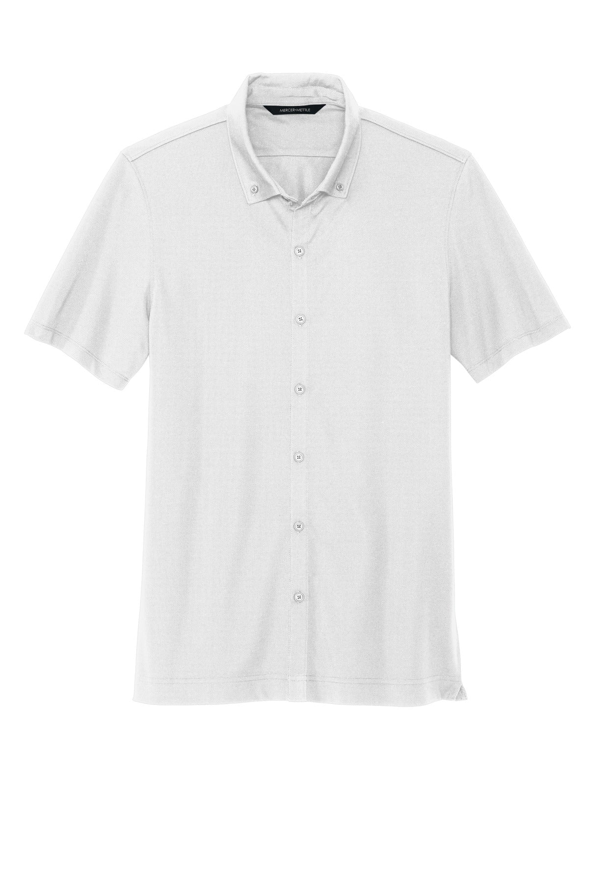 Front View of White Mercer+Mettle Stretch Pique Full-Button Polo MM1006
