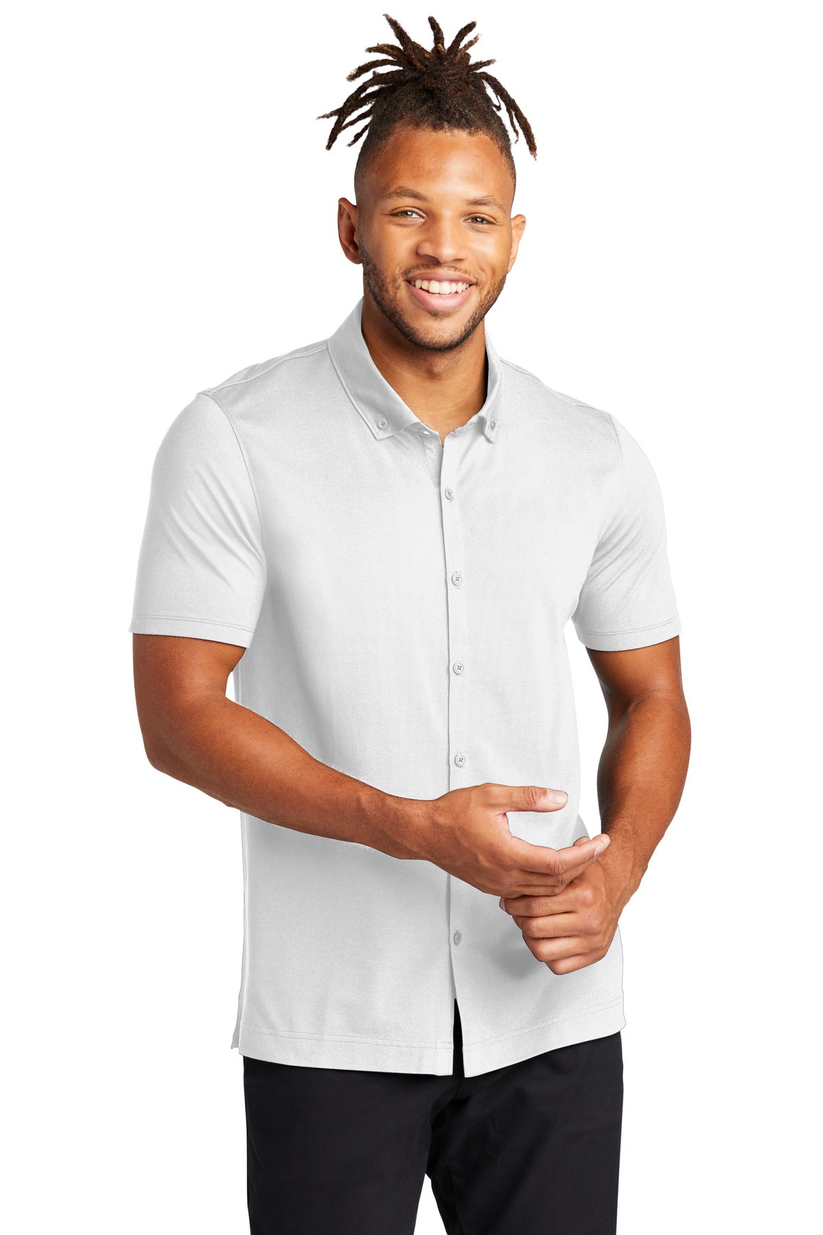 Front View of White Mercer+Mettle Stretch Pique Full-Button Polo MM1006