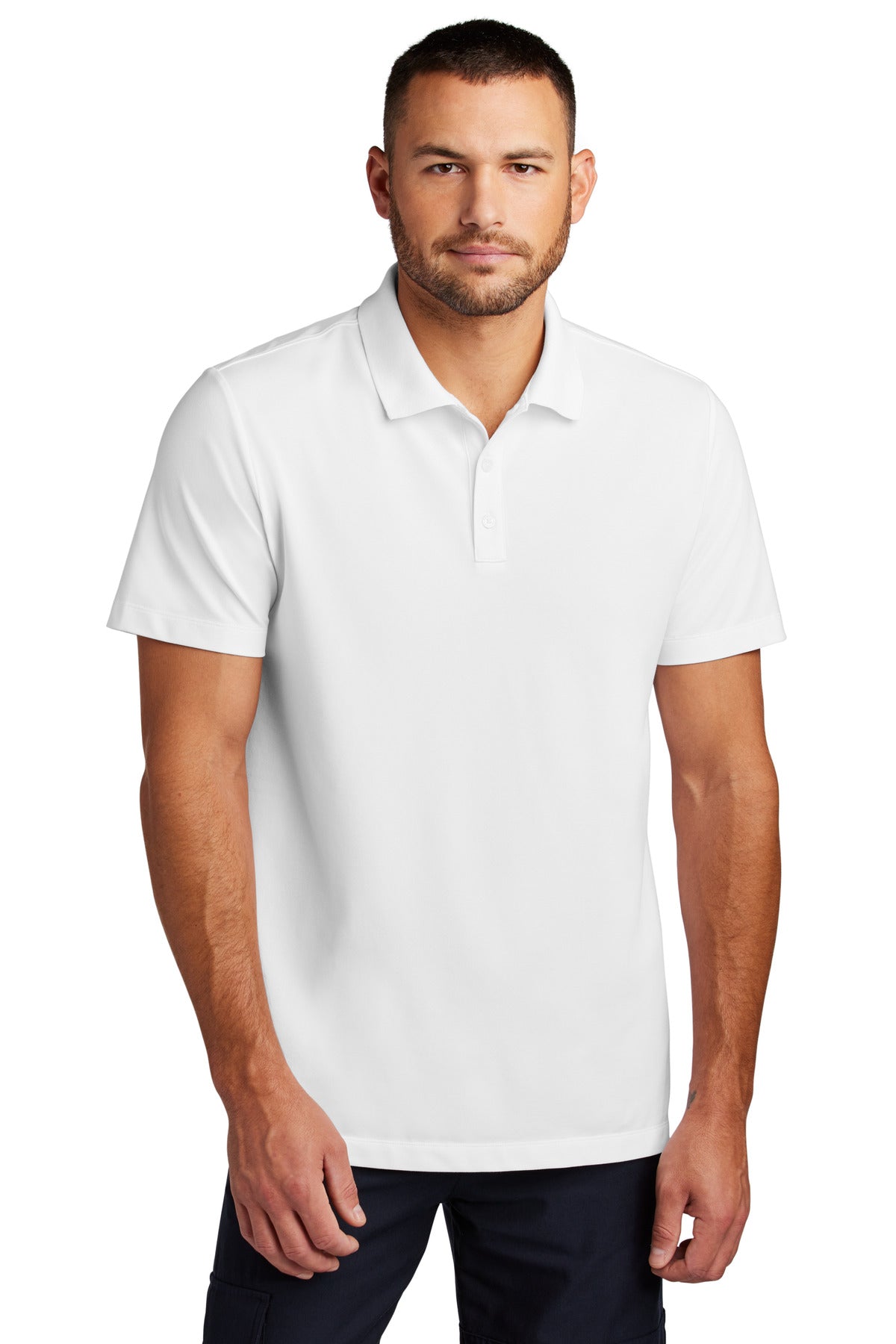 Front View of White Mercer+Mettle Stretch Pique Polo MM1004