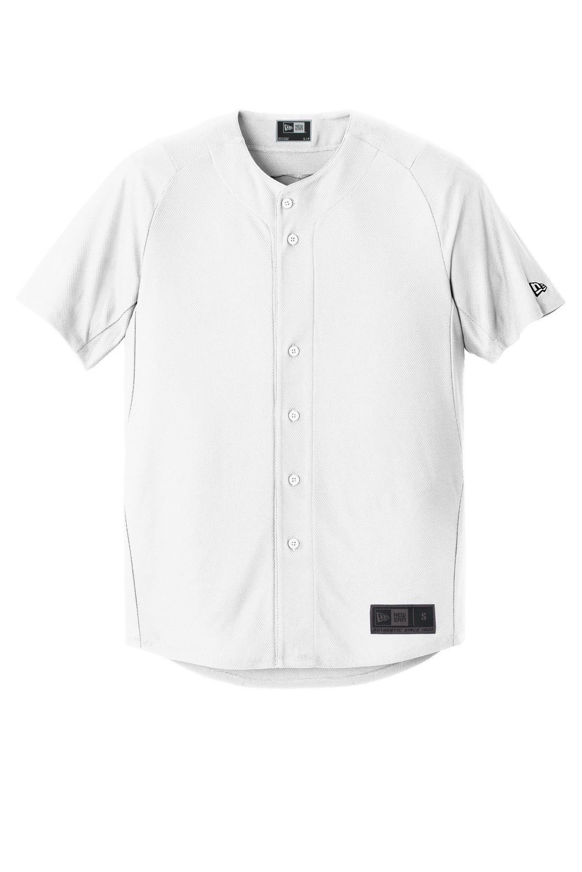 Front View of White New Era Diamond Era Full-Button Jersey. NEA220
