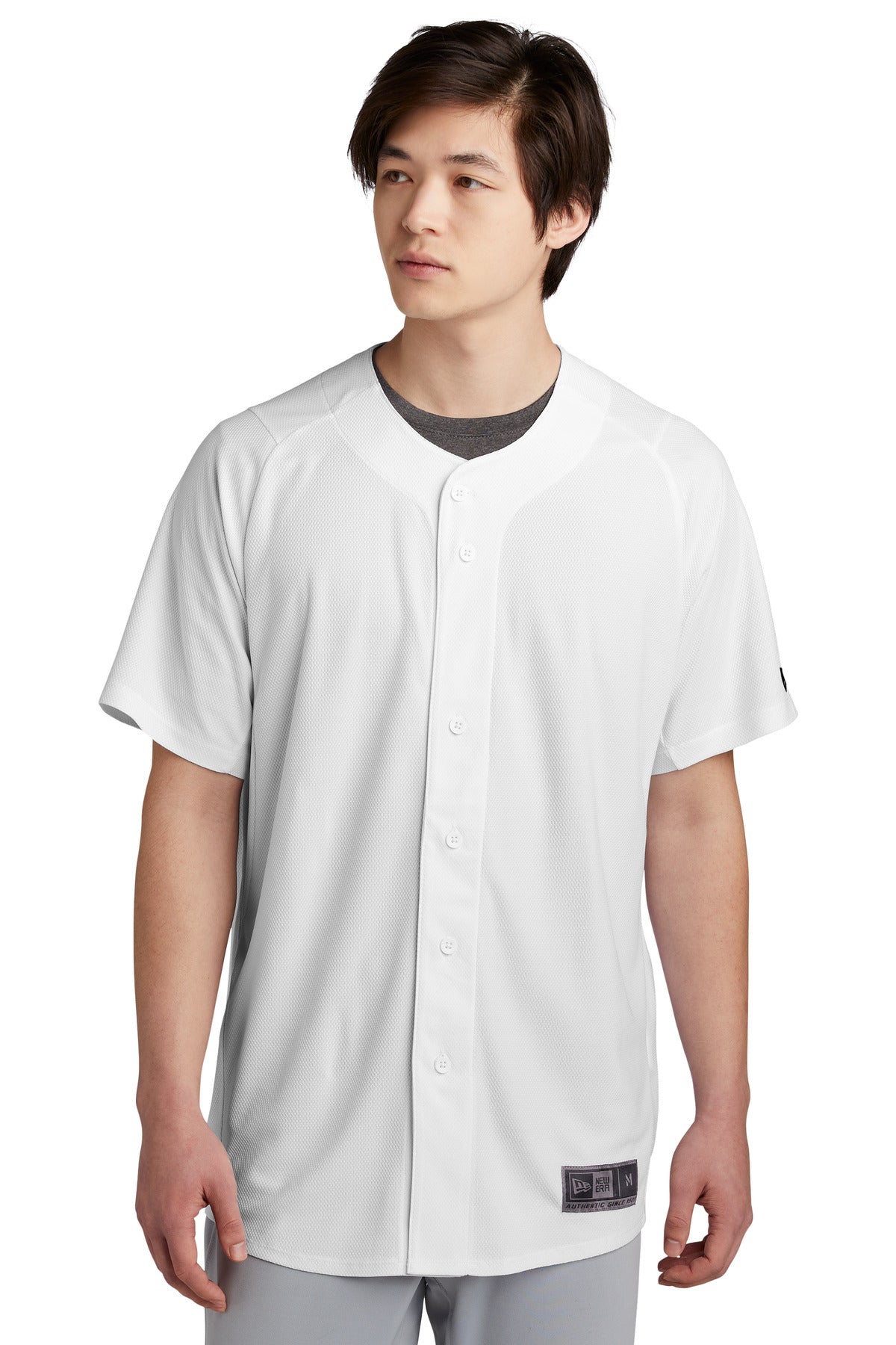 Front View of White New Era Diamond Era Full-Button Jersey. NEA220