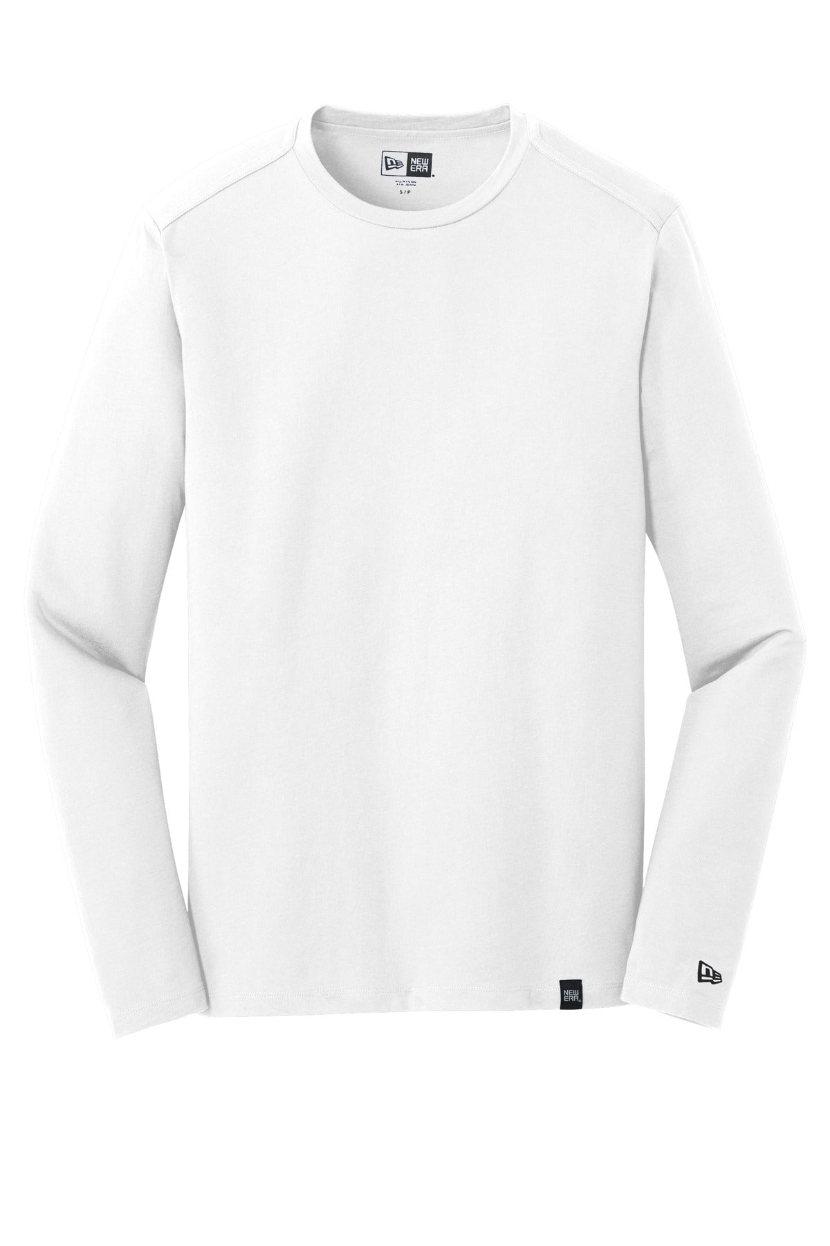 Front View of White New Era Heritage Blend Long Sleeve Crew Tee. NEA102