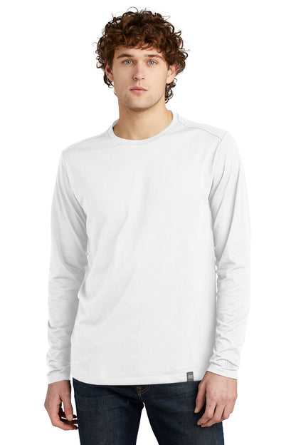 Front View of White New Era Heritage Blend Long Sleeve Crew Tee. NEA102