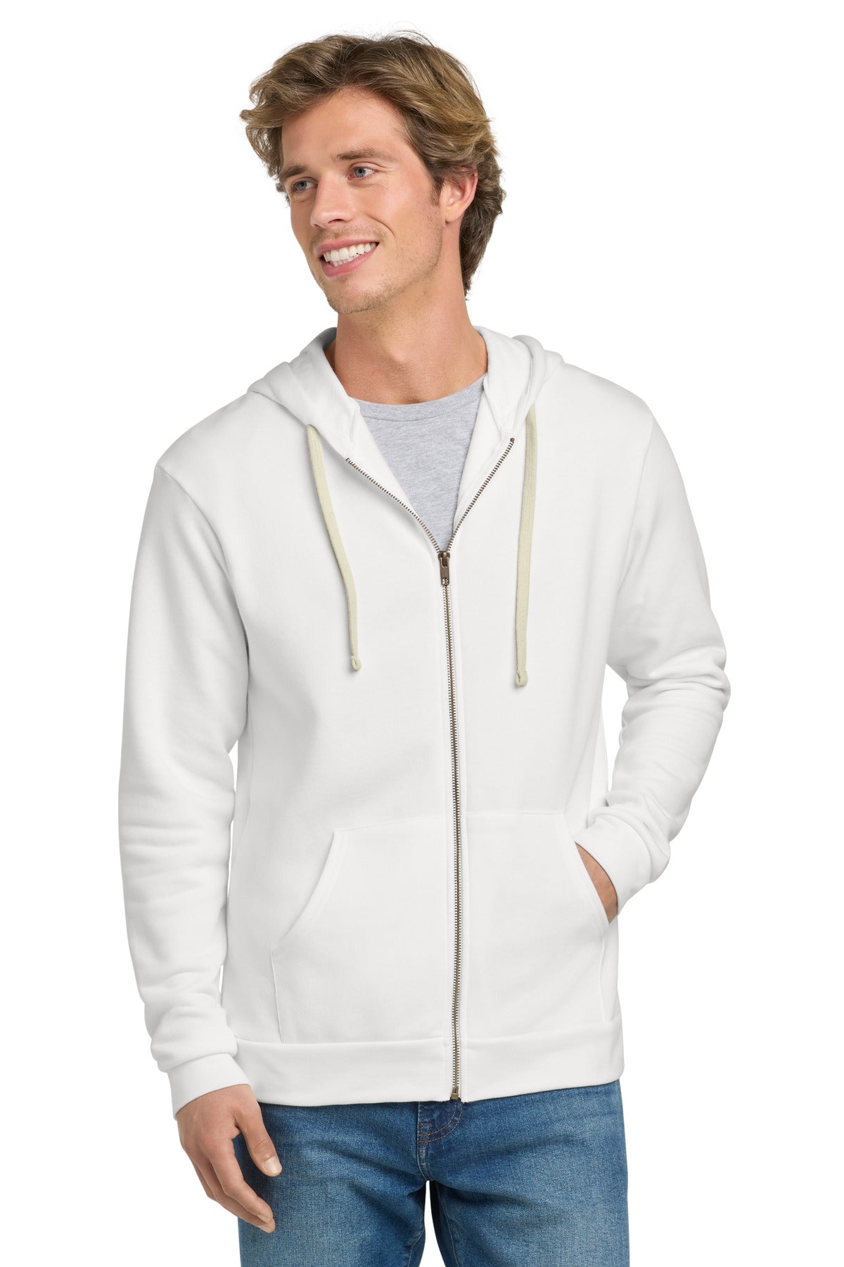 Front View of White Next Level Apparel Adult Santa Barbara Zip Hoodie. NL9602