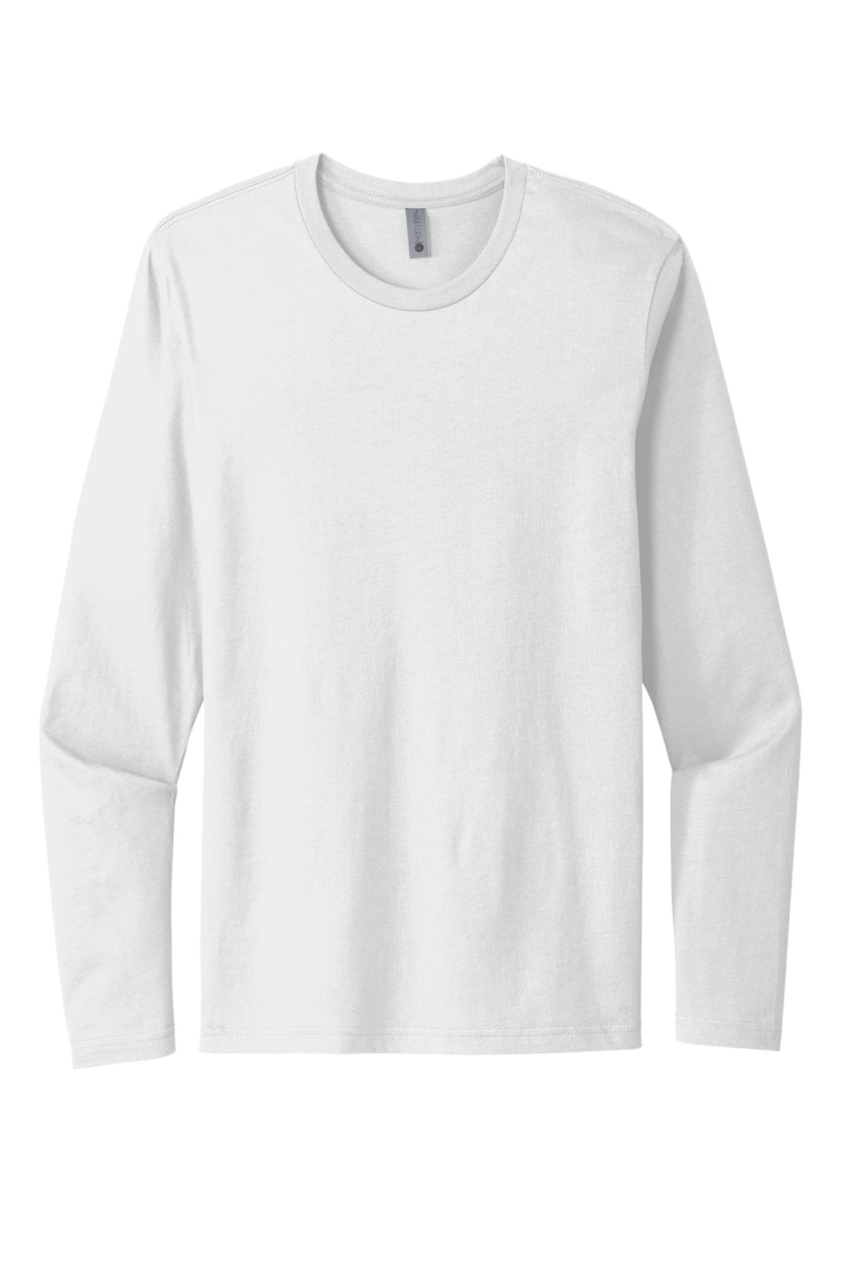 Front View of White Next Level Apparel Cotton Long Sleeve Tee. NL3601