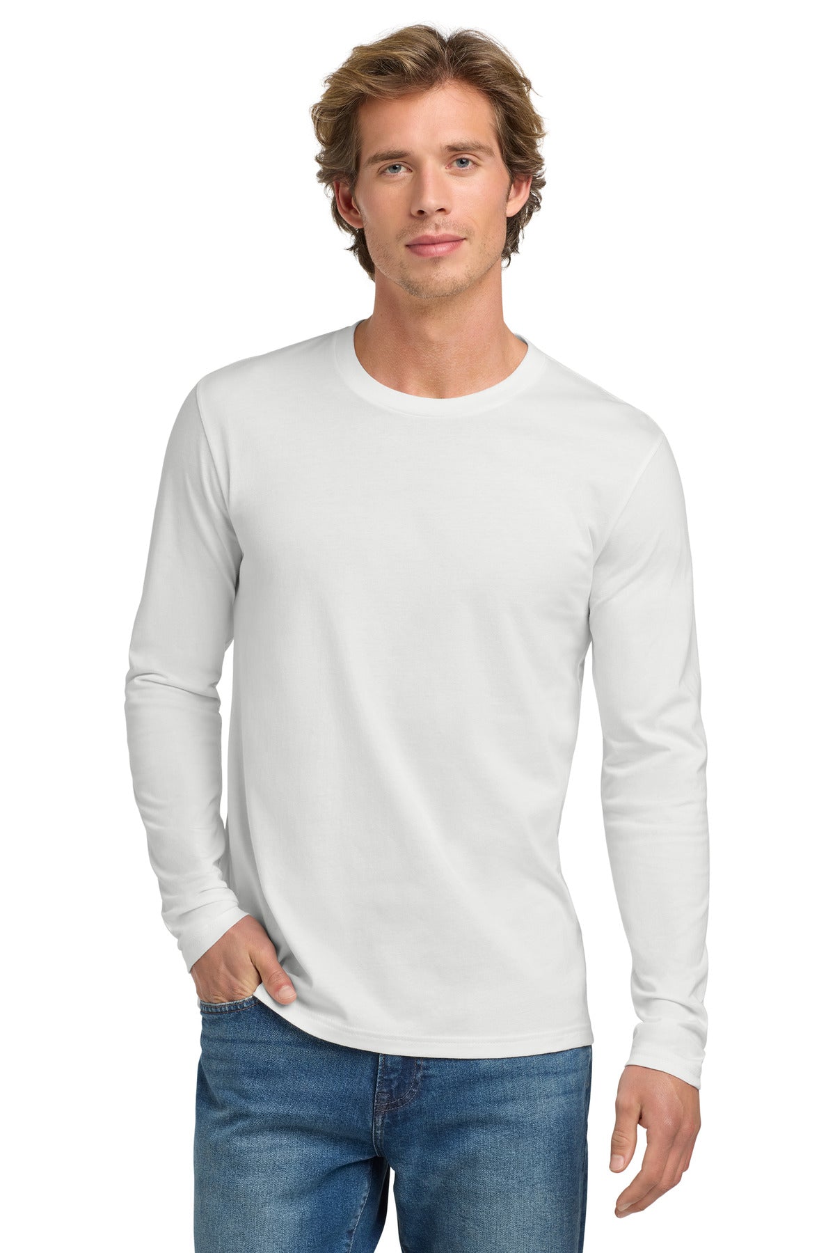 Front View of White Next Level Apparel Cotton Long Sleeve Tee. NL3601