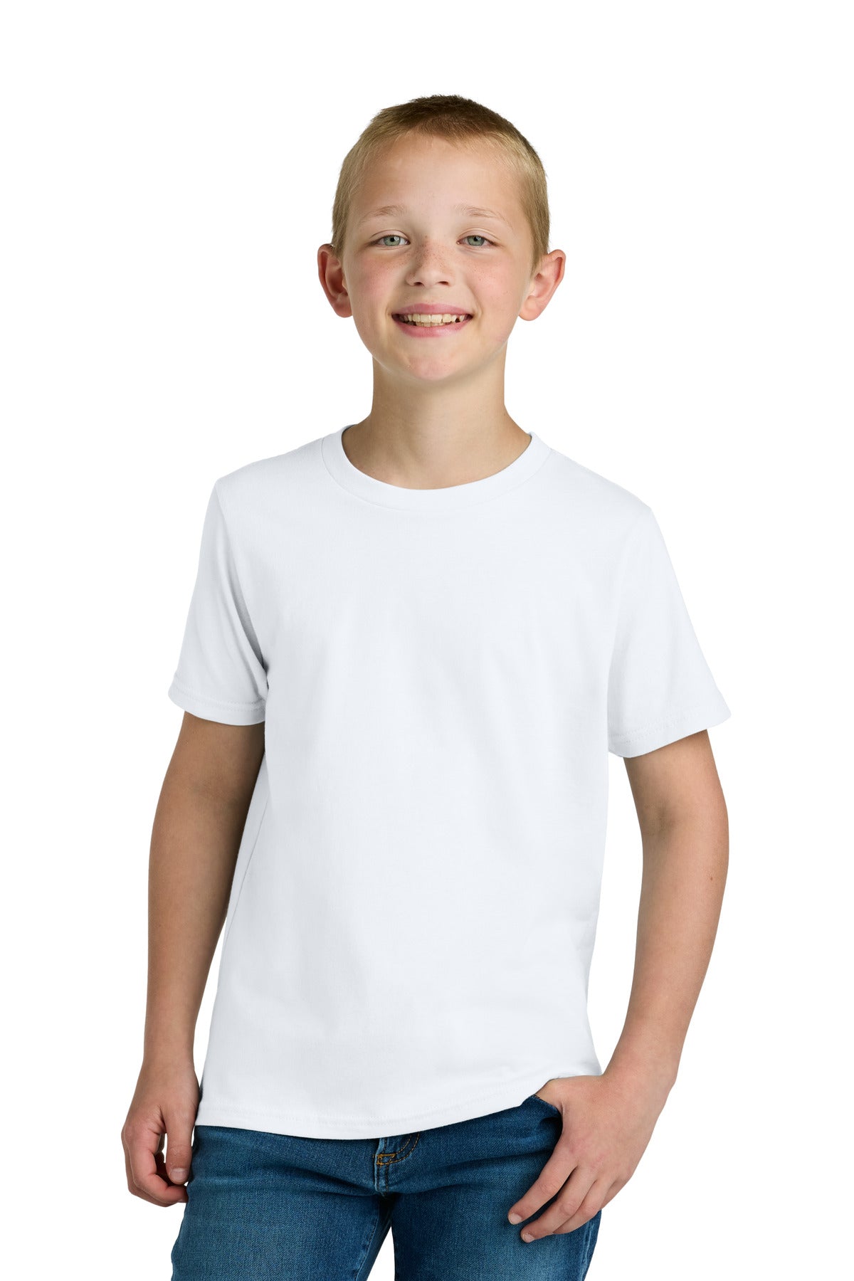 Front View of White Next Level Apparel Youth Cotton Tee NL3310