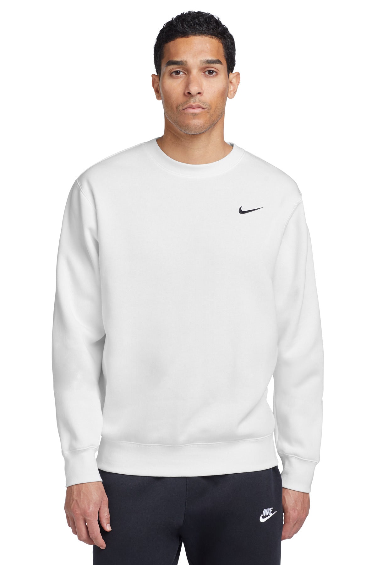 Front View of White Nike Club Fleece Crew CJ1614