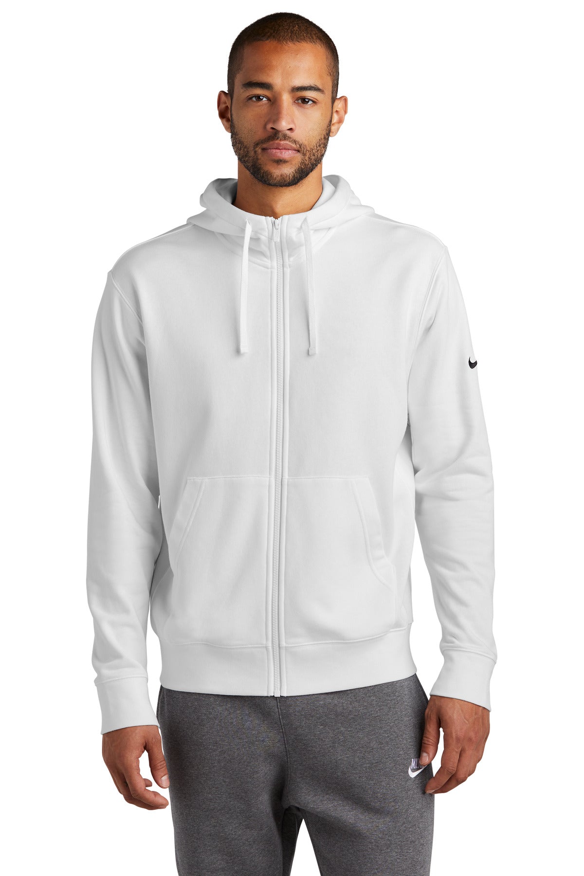 Front View of White Nike Club Fleece Sleeve Swoosh Full-Zip Hoodie NKDR1513