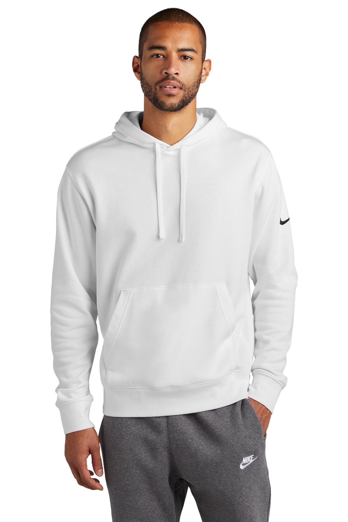 Front View of White Nike Club Fleece Sleeve Swoosh Pullover Hoodie NKDR1499