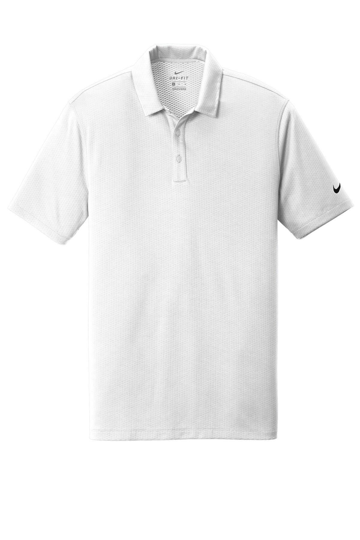 Front View of White Nike Dri-FIT Hex Textured Polo. NKAH6266