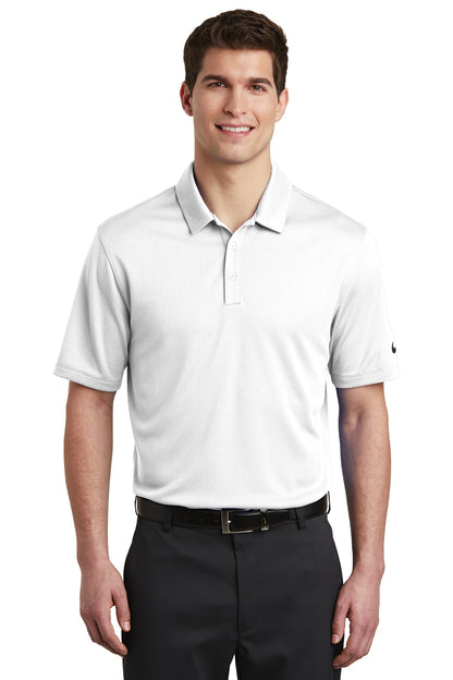 Front View of White Nike Dri-FIT Hex Textured Polo. NKAH6266