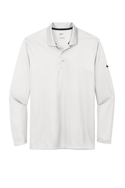 Front View of White Nike Dri-FIT Micro Pique 2.0 Long Sleeve Polo NKDC2104