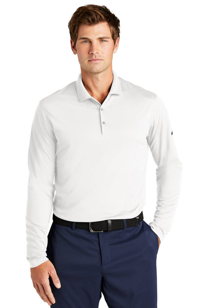 Front View of White Nike Dri-FIT Micro Pique 2.0 Long Sleeve Polo NKDC2104
