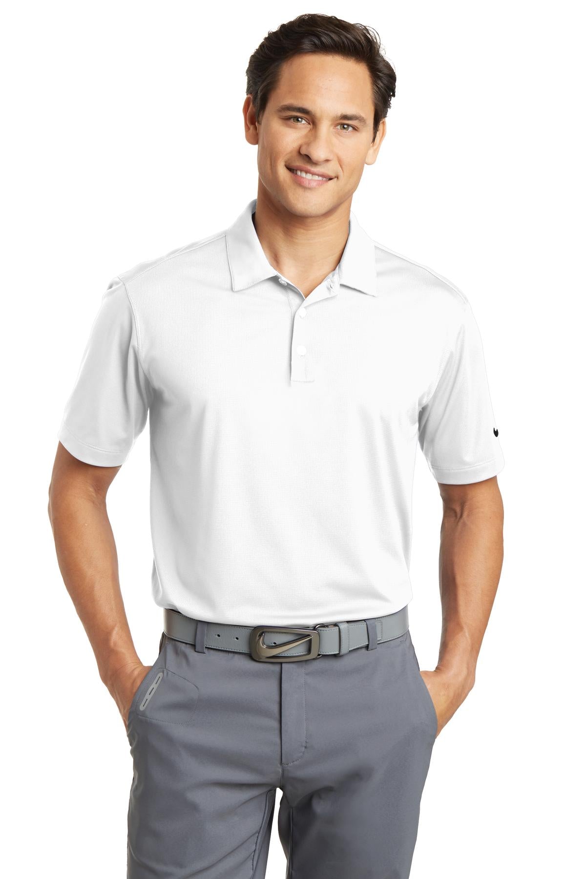 Front View of White Nike Dri-FIT Vertical Mesh Polo. 637167