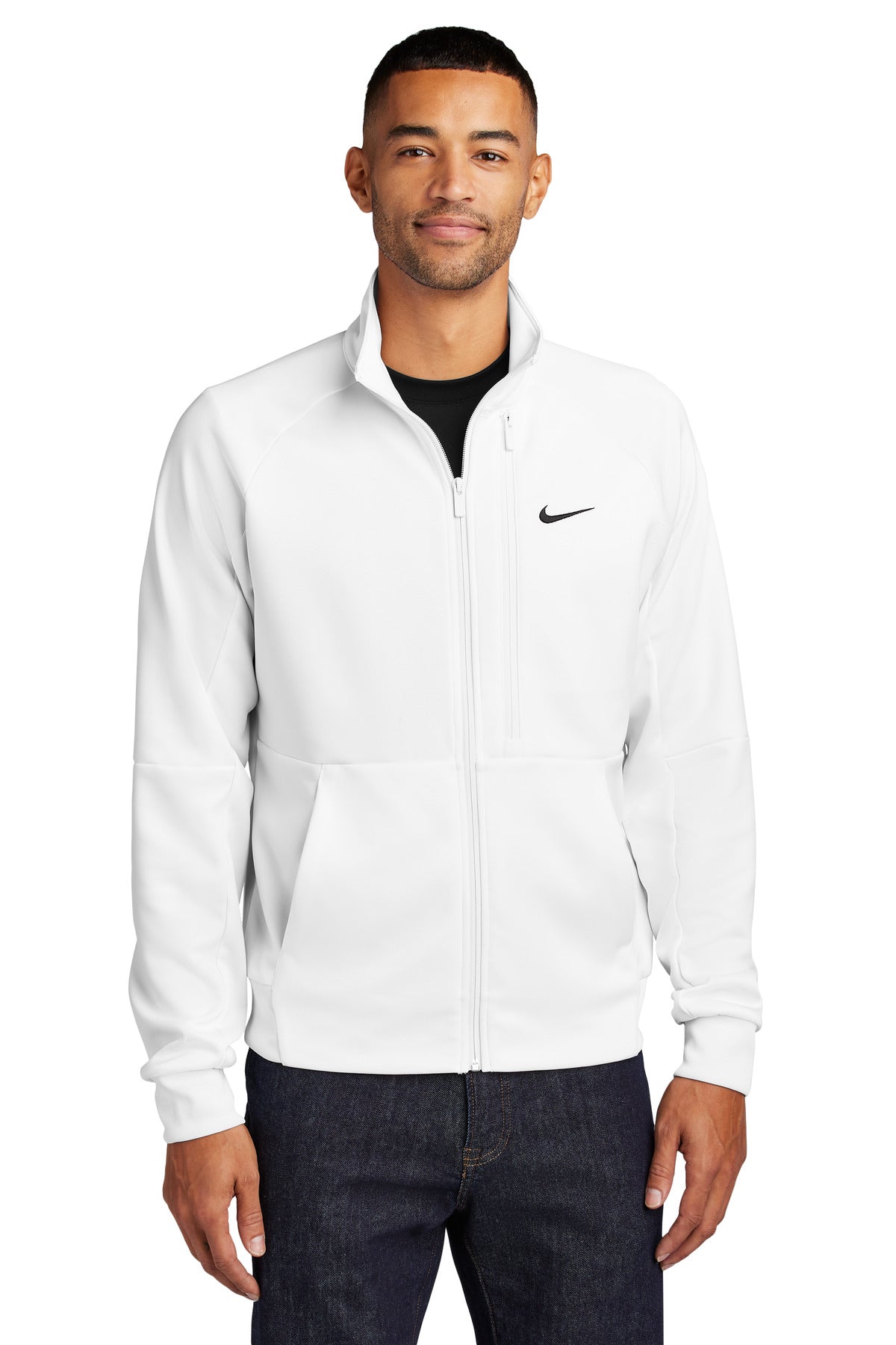 Front View of White Nike Full-Zip Chest Swoosh Jacket NKFD9891