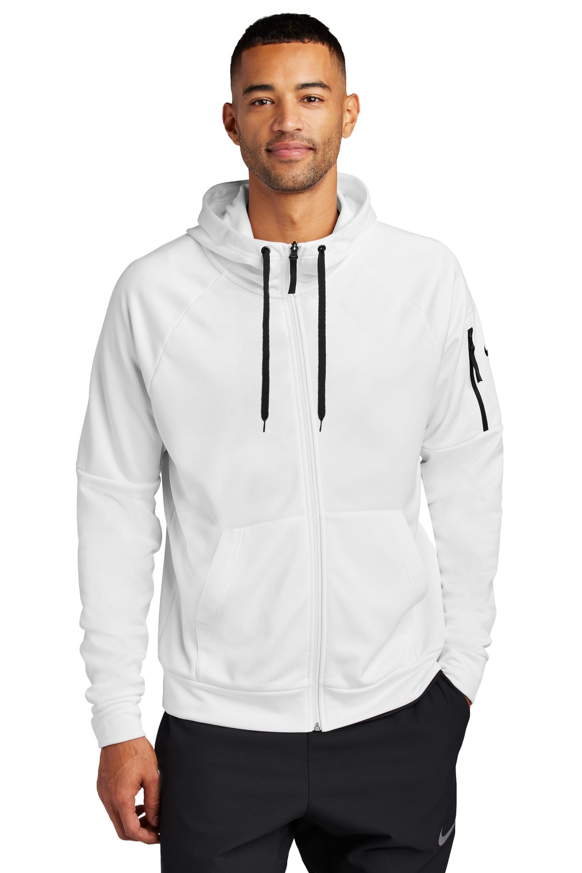 Front View of White Nike Therma-FIT Pocket Full-Zip Fleece Hoodie NKFD9859