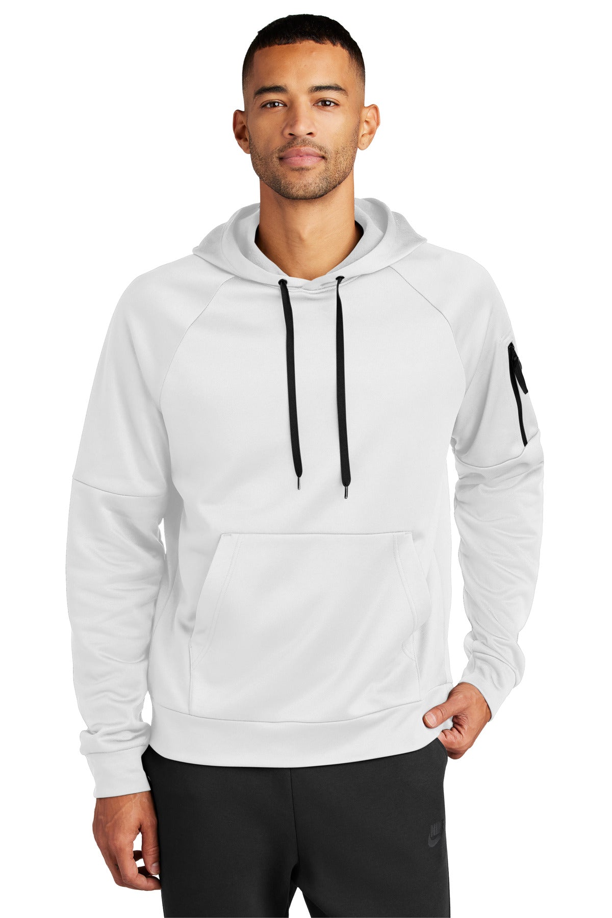 Front View of White Nike Therma-FIT Pocket Pullover Fleece Hoodie NKFD9735