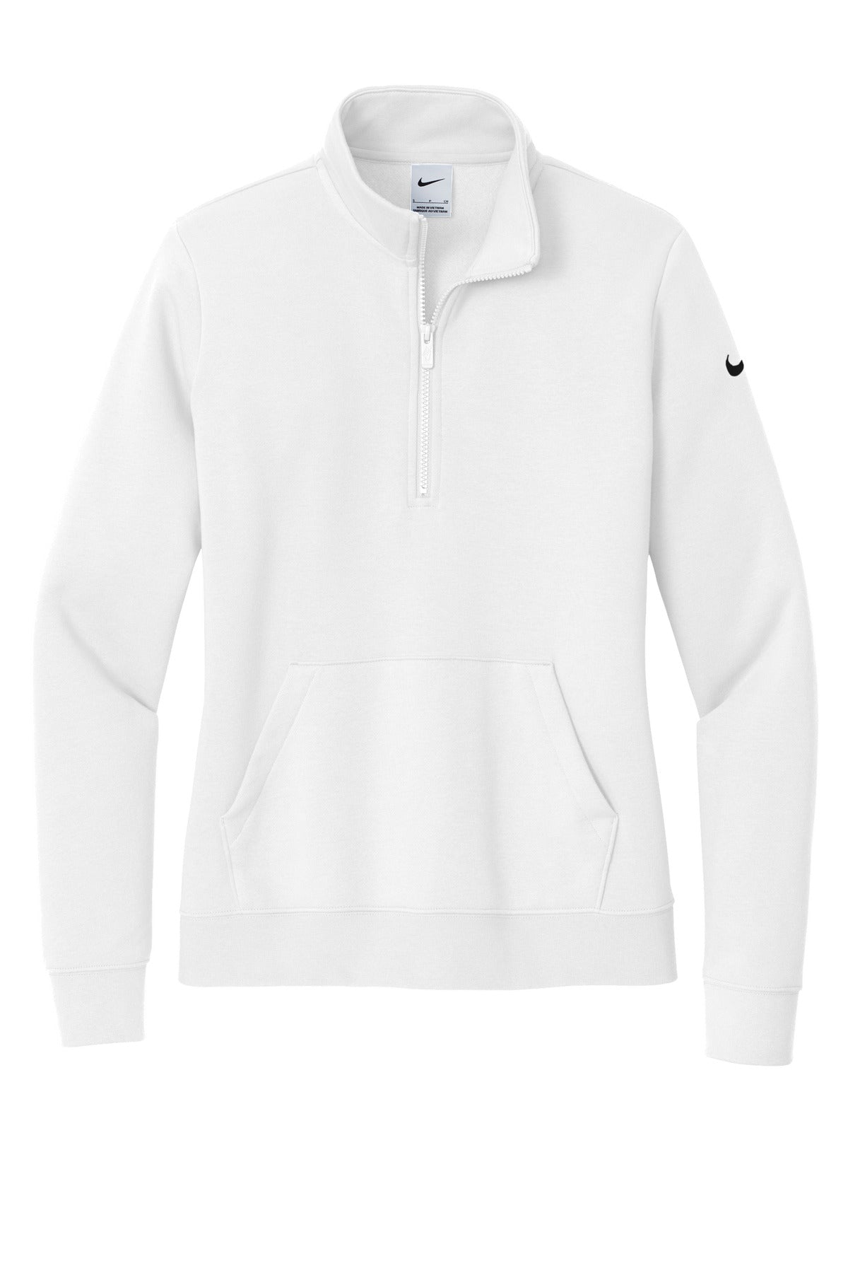 Front View of White Nike Women's Club Fleece Sleeve Swoosh 1/2-Zip NKDX6720