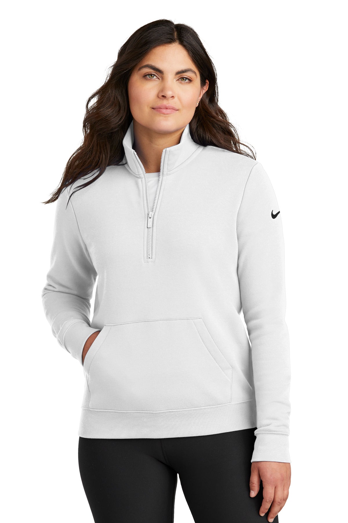 Front View of White Nike Women's Club Fleece Sleeve Swoosh 1/2-Zip NKDX6720