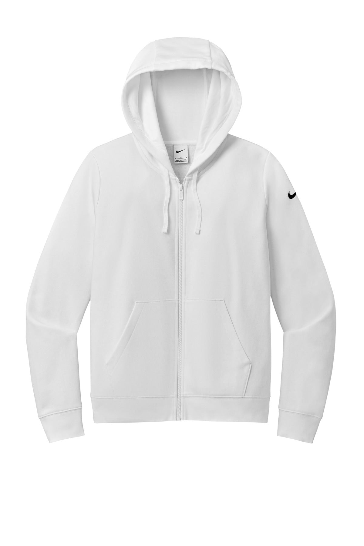 Front View of White Nike Women's Club Fleece Sleeve Swoosh Full-Zip Hoodie NKFD9890