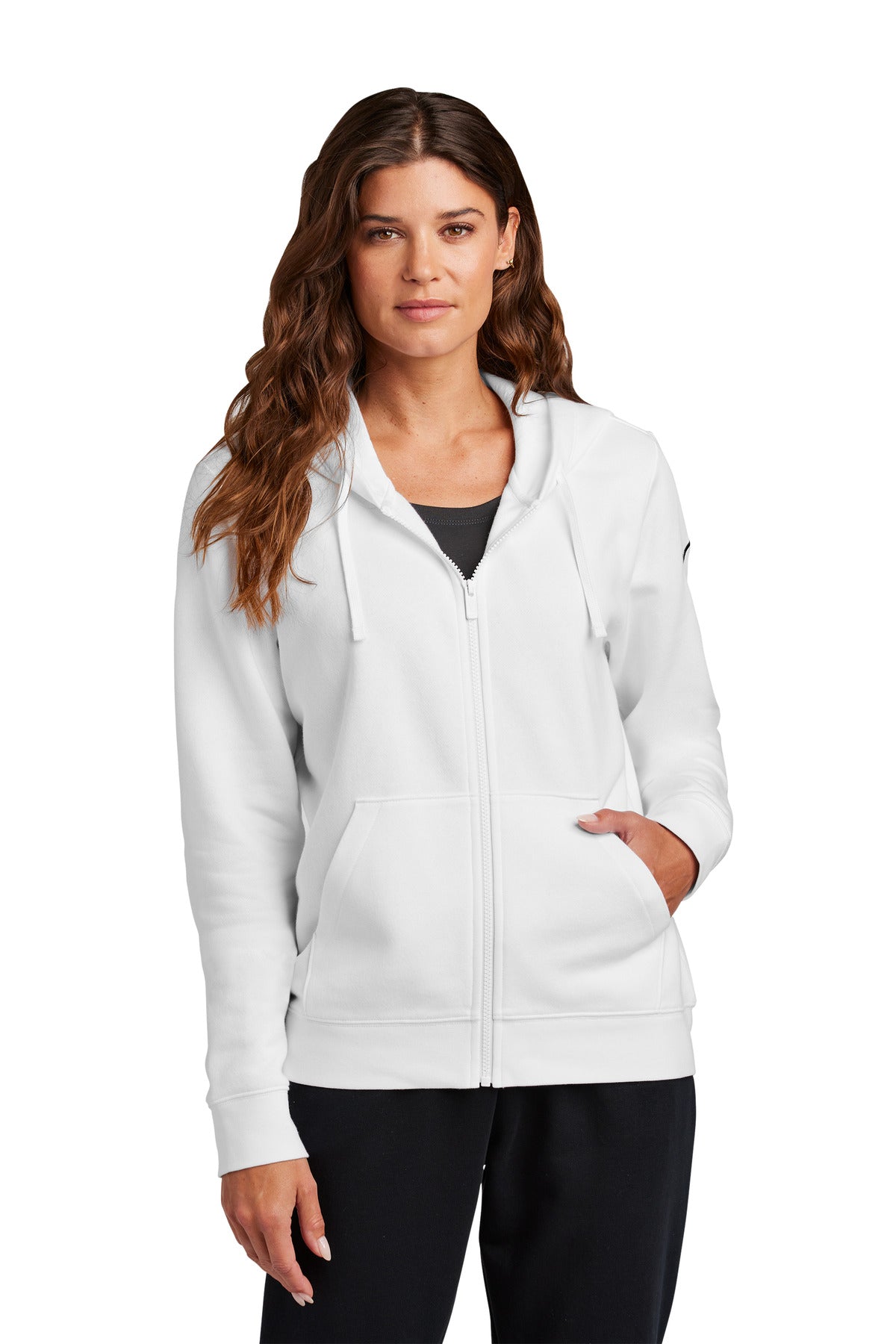 Front View of White Nike Women's Club Fleece Sleeve Swoosh Full-Zip Hoodie NKFD9890