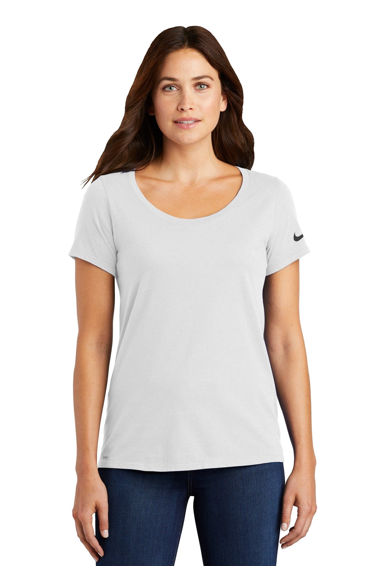 Front View of White Nike Women's Dri-FIT Cotton/Poly Scoop Neck Tee. NKBQ5234