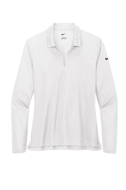 Front View of White Nike Women's Dri-FIT Micro Pique 2.0 Long Sleeve Polo NKDC2105