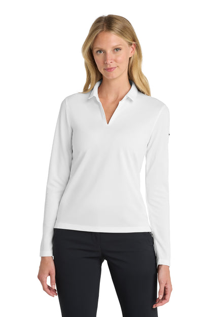 Front View of White Nike Women's Dri-FIT Micro Pique 2.0 Long Sleeve Polo NKDC2105