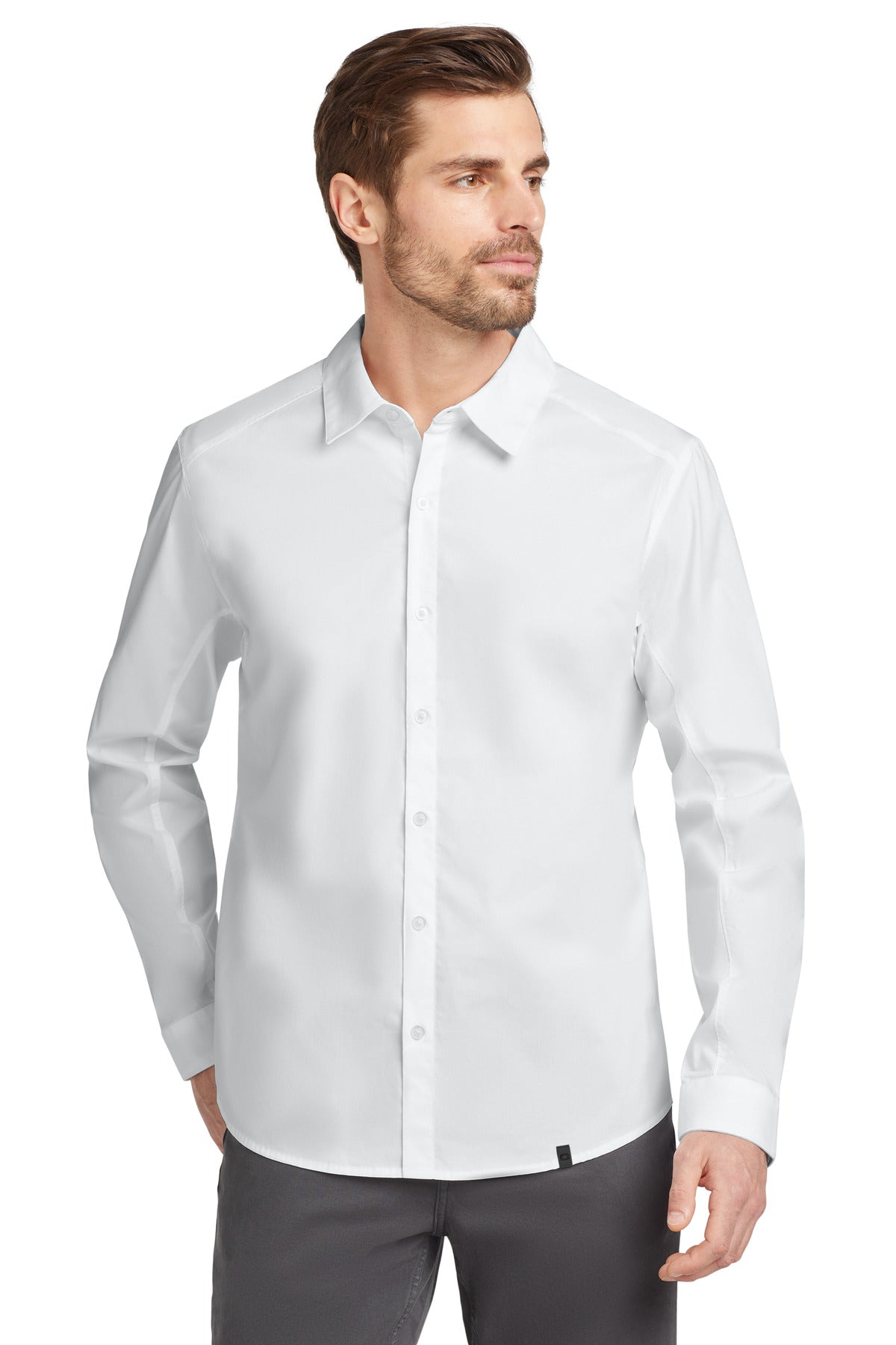 Front View of White OGIO Commuter Woven Shirt. OG1002