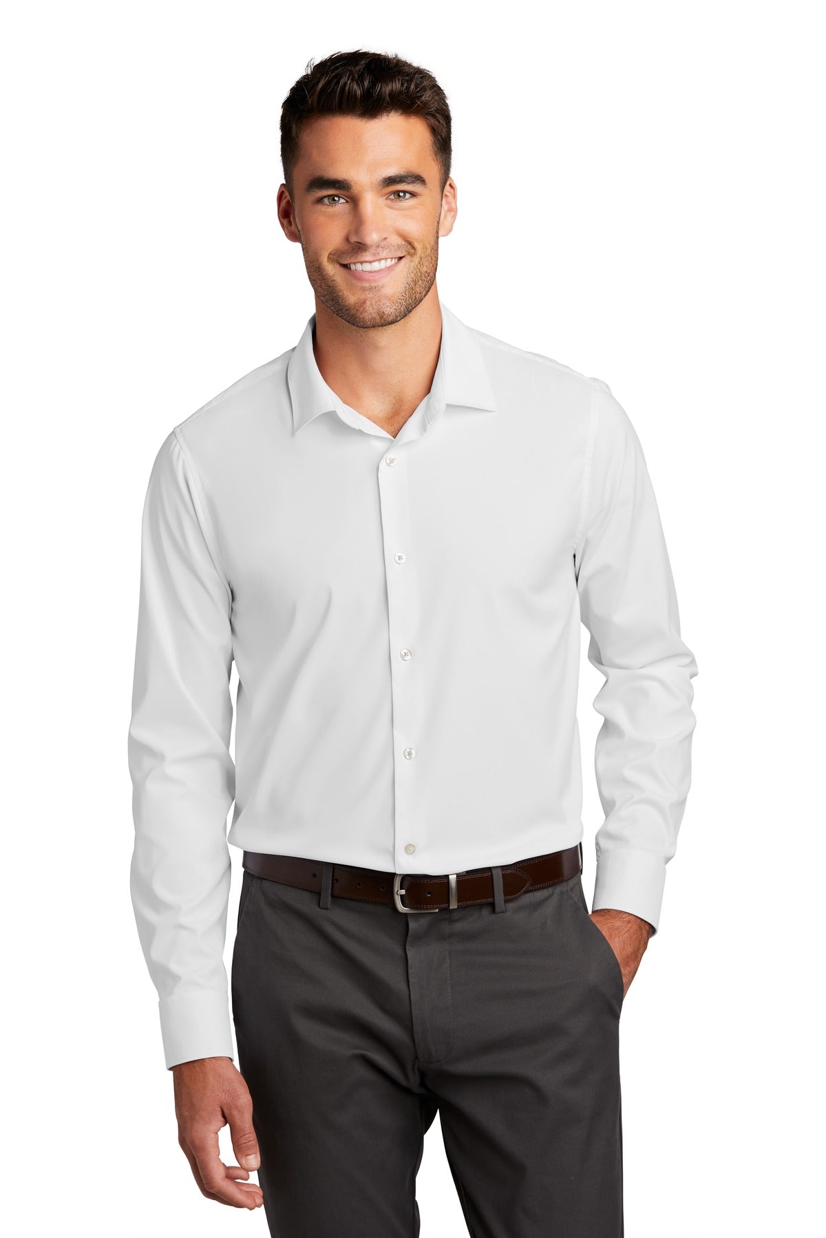 Front View of White Port Authority City Stretch Shirt W680