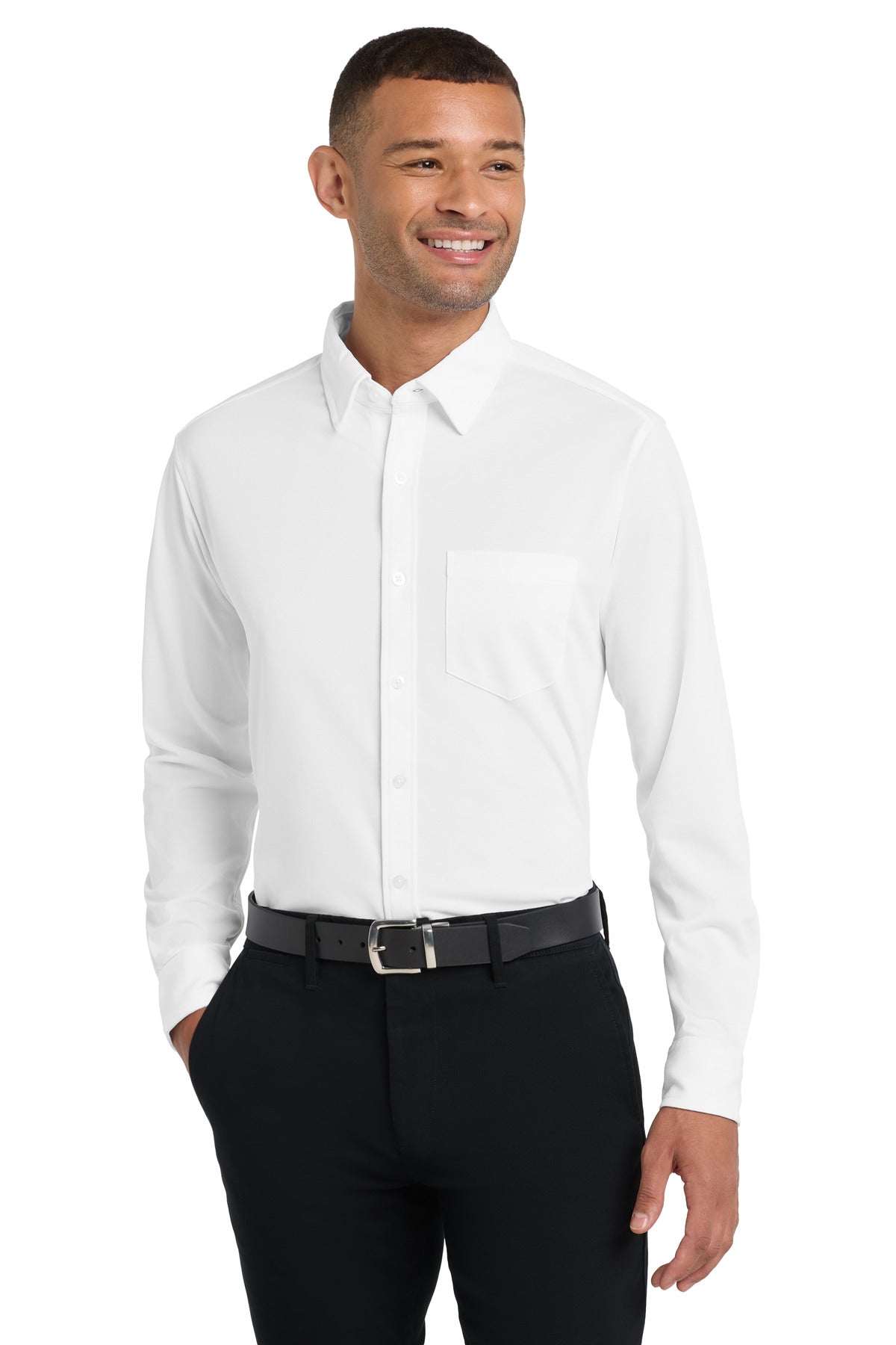 Front View of White Port Authority Dimension Knit Dress Shirt. K570