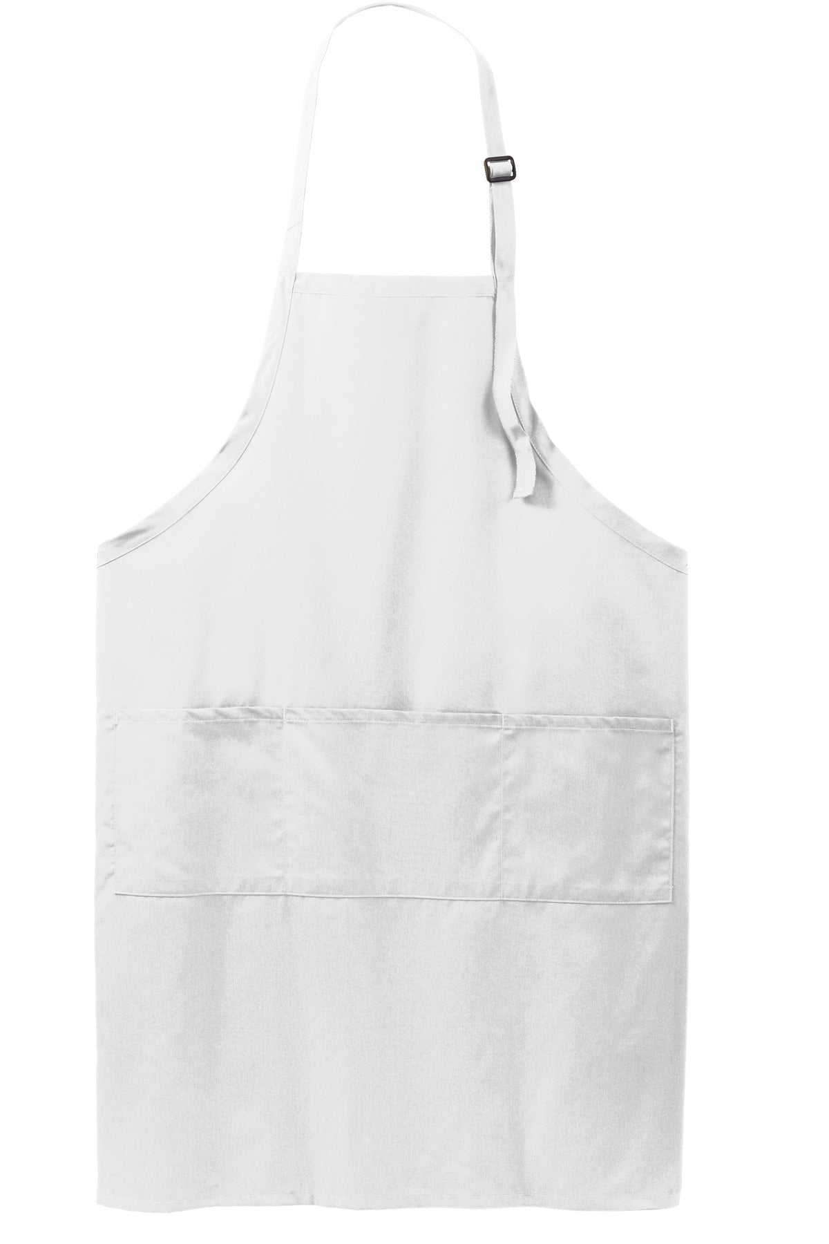Front View of White Port Authority Easy Care Extra Long Bib Apron with Stain Release. A700