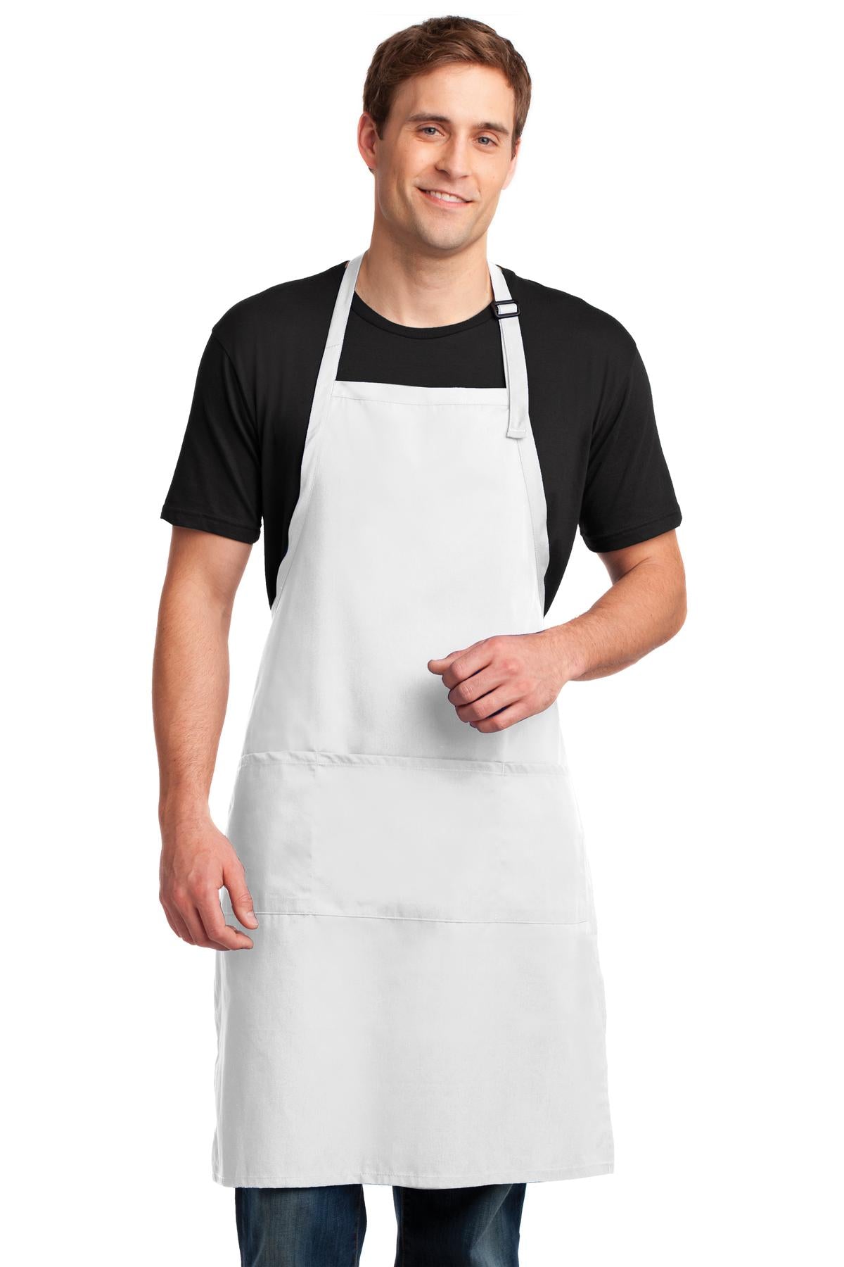 Front View of White Port Authority Easy Care Extra Long Bib Apron with Stain Release. A700