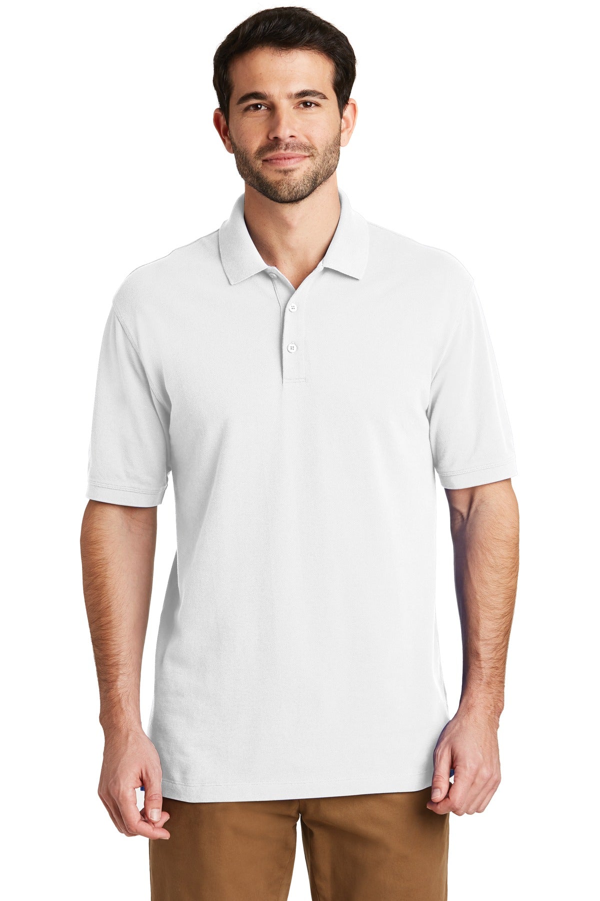 Front View of White Port Authority EZCotton Polo. K8000