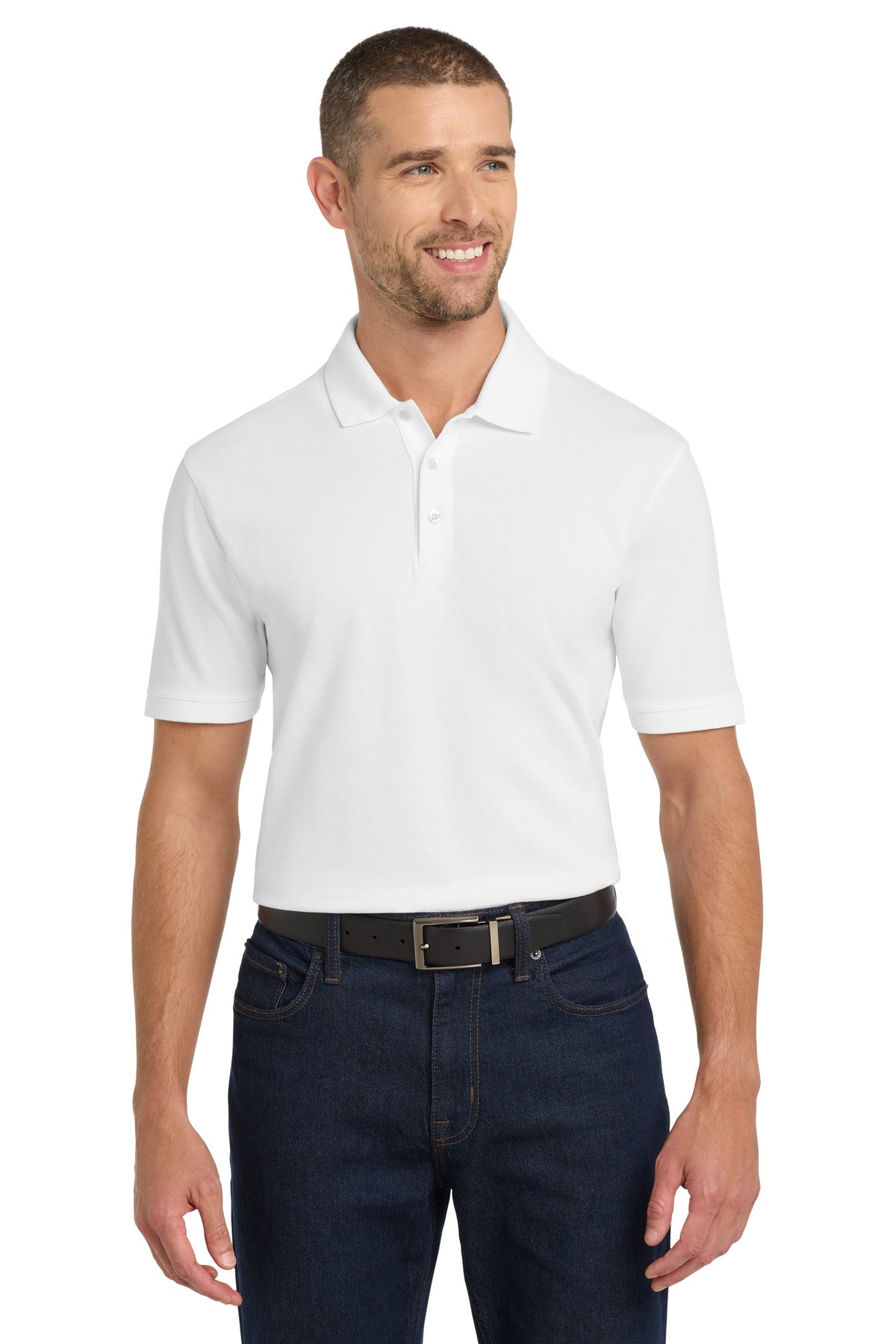 Front View of White Port Authority EZCotton Polo. K8000