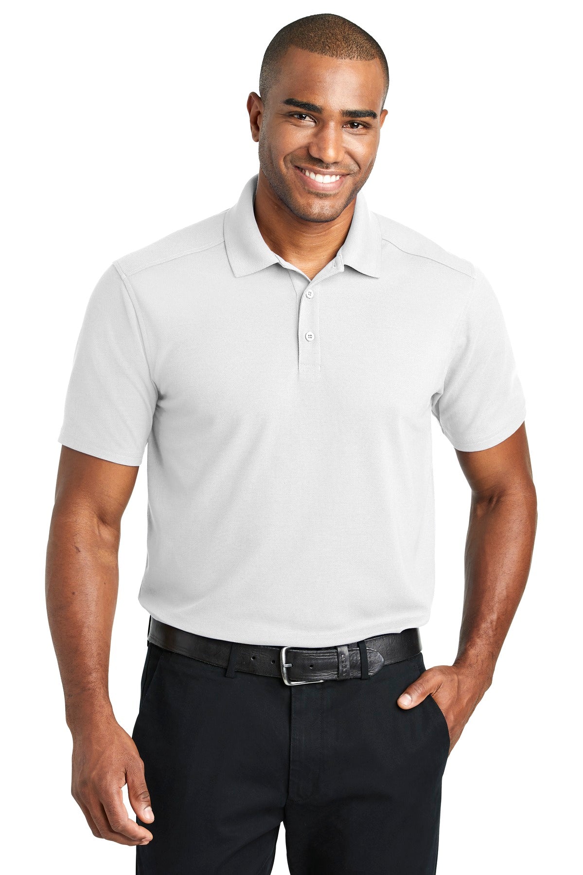 Front View of White Port Authority EZPerformance Pique Polo. K600