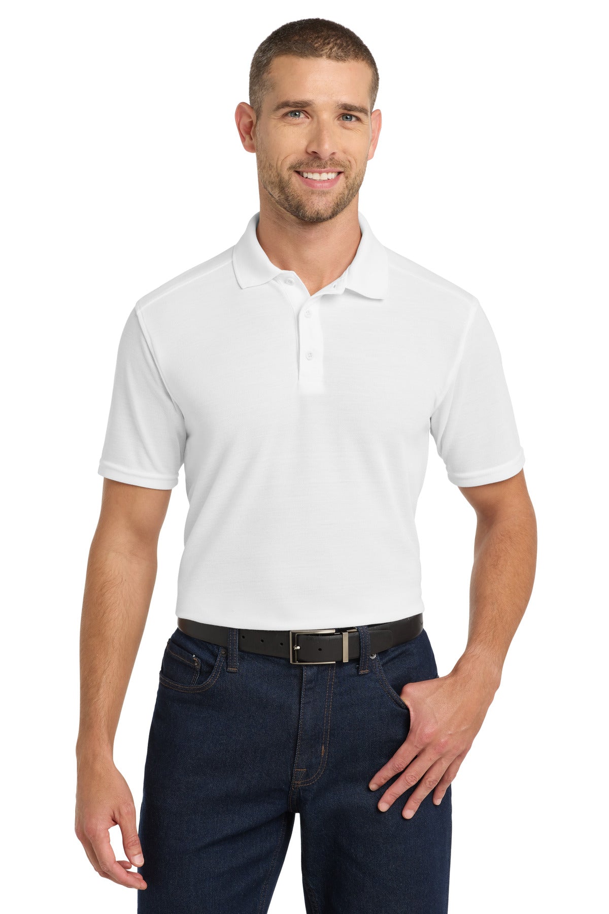 Front View of White Port Authority EZPerformance Pique Polo. K600