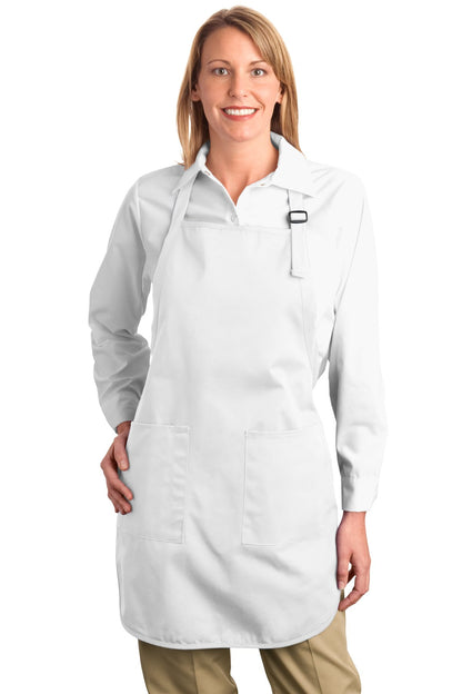 Front View of White Port Authority Full-Length Apron with Pockets. A500