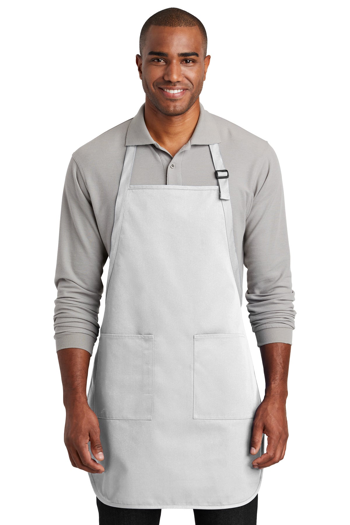Front View of White Port Authority Full-Length Two-Pocket Bib Apron. A600