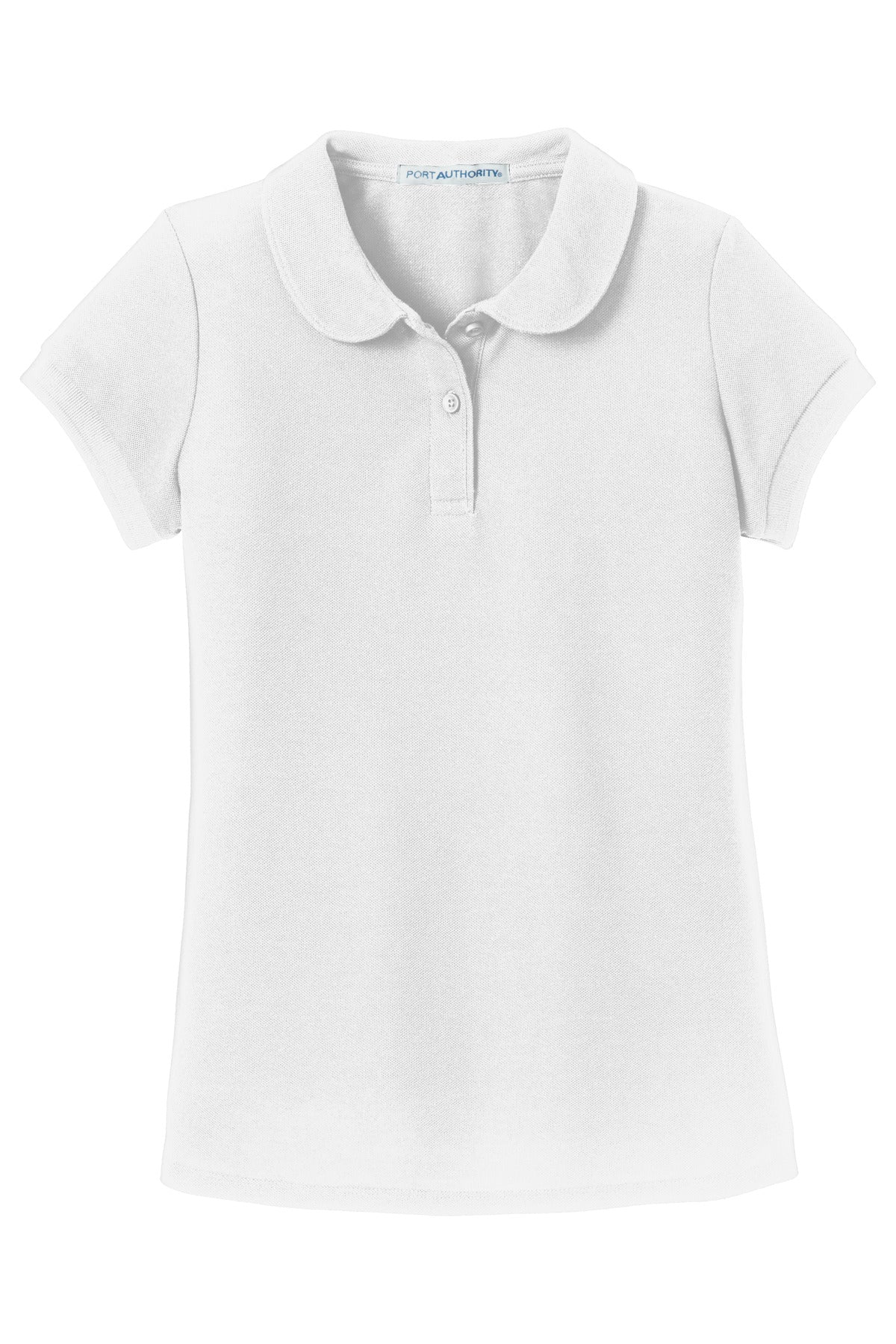 Front View of White Port Authority Girls Silk Touch Peter Pan Collar Polo. YG503