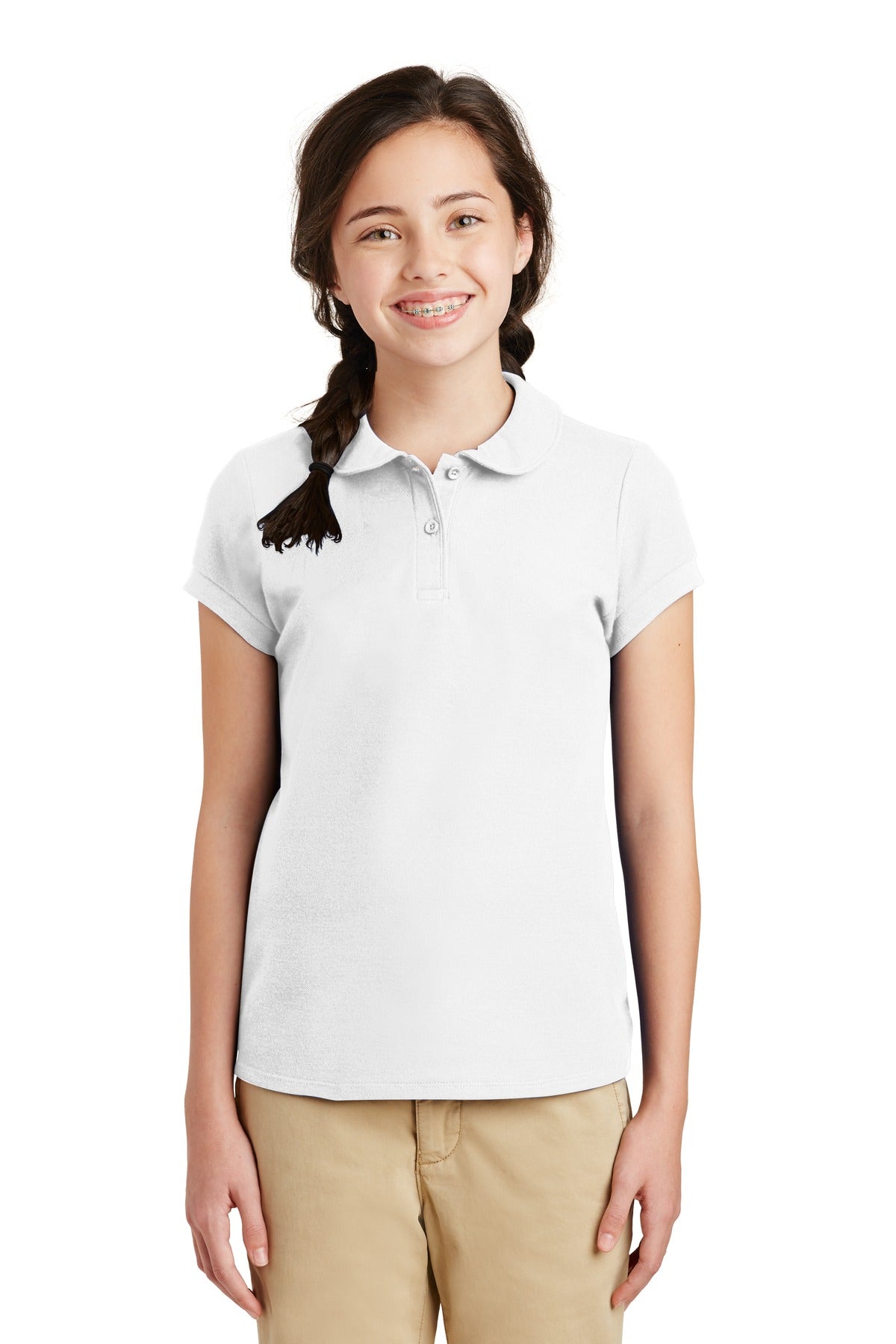 Front View of White Port Authority Girls Silk Touch Peter Pan Collar Polo. YG503