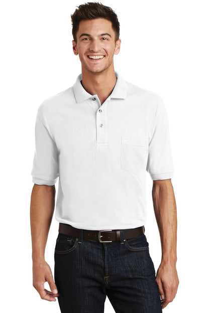 Front View of White Port Authority Heavyweight Cotton Pique Polo with Pocket. K420P