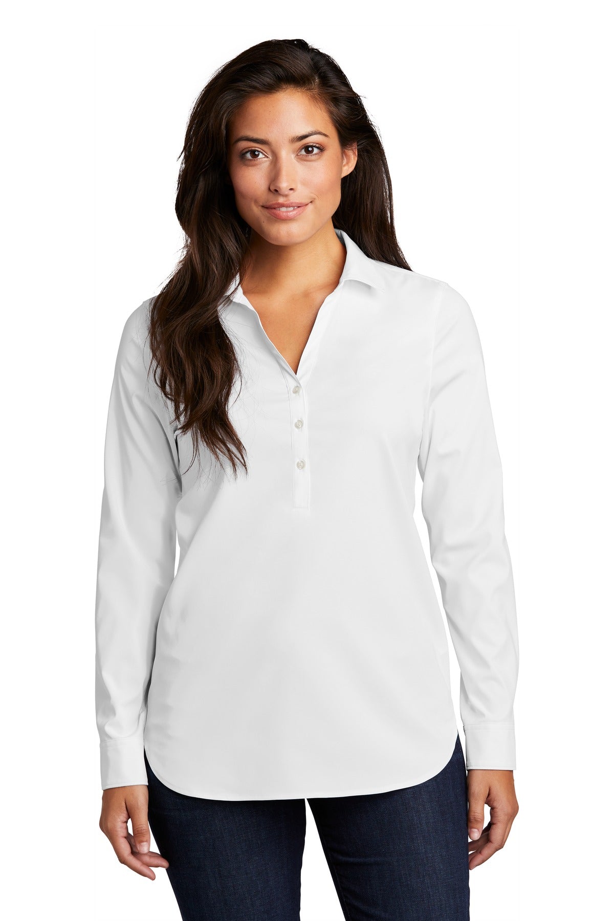 Front View of White Port Authority Ladies City Stretch Tunic LW680