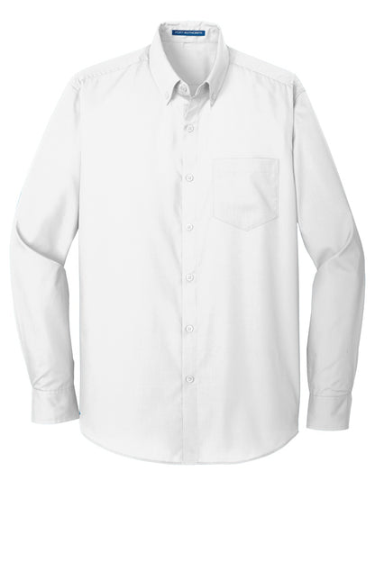 Front View of White Port Authority Long Sleeve Carefree Poplin Shirt. W100