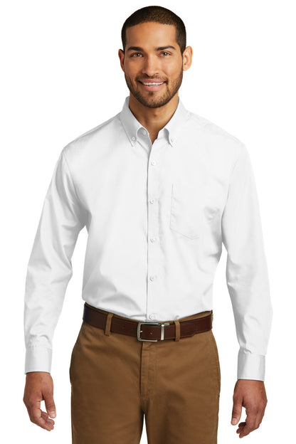 Front View of White Port Authority Long Sleeve Carefree Poplin Shirt. W100